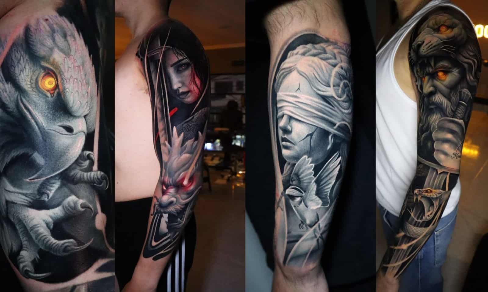 Tatuajes realistas en brazos y piernas por Grimberg Ramirez en Colombia.